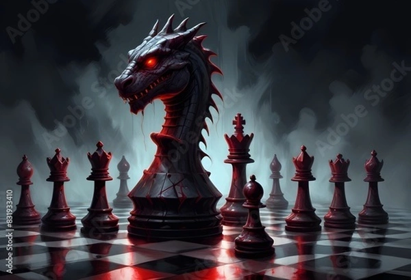 Fototapeta A chess piece with a dragon's head, fierce and majestic.