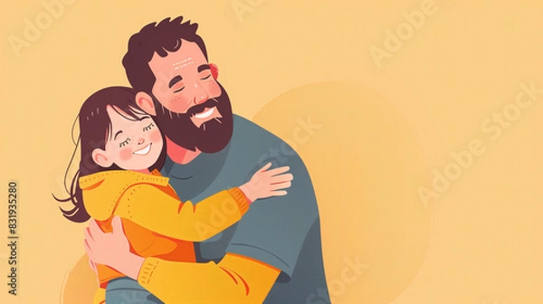Fototapeta A heartwarming Father's Day illustration of a father and child in a joyful embrace, isolated on a clean mockup background, with ample space for text.