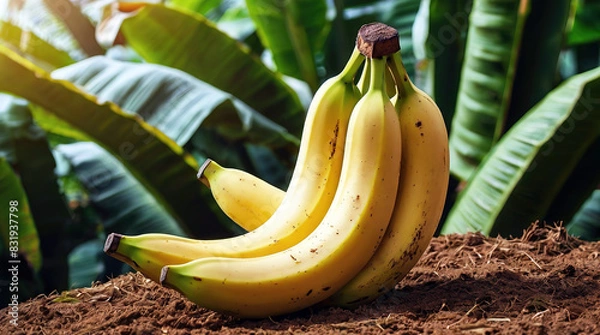 Fototapeta Pile of banana fruit and leaves background