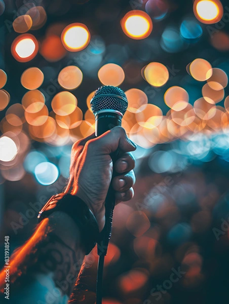 Obraz The singer's hand in focus as they grasp the microphone, surrounded by the blurred brilliance of bokeh lights from the concert stage.	
