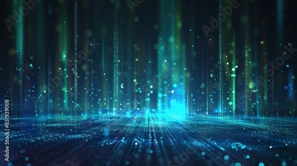 Fototapeta A futuristic space with a blue hologram screen in the center. The technology background