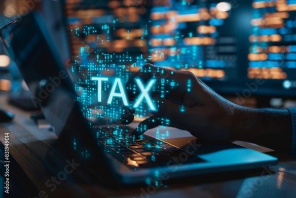 Fototapeta An individual's hands are visible using a laptop to file taxes with digital TAX letters floating in the air