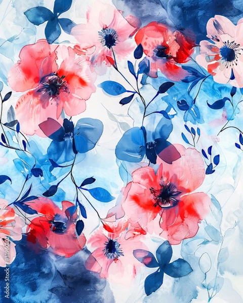 Obraz Watercolor Red and Blue Florals Background