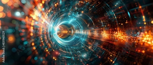 Fototapeta A colorful, abstract image of a tunnel with a blue light shining through it