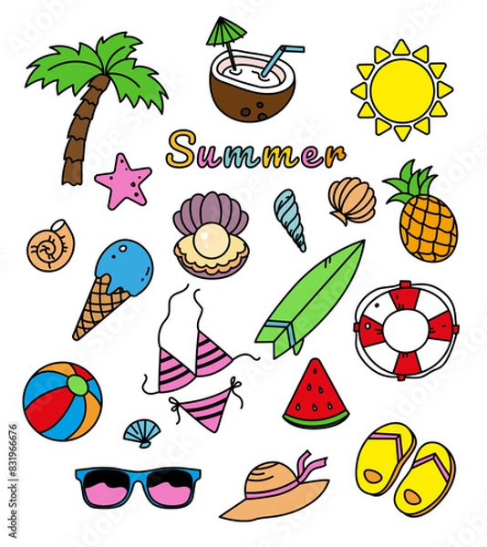 Fototapeta Vector set with outline summer stickers