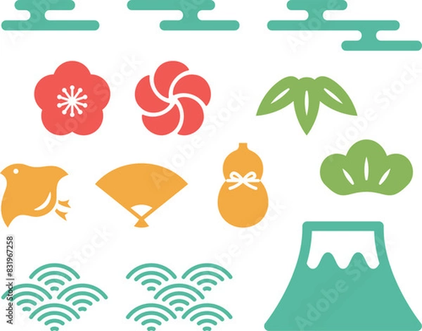Obraz シンプルで可愛いフラットデザインの和風モチーフセット
