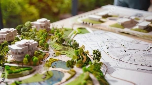 Fototapeta Architectural plans with landscape design on the desk Top view