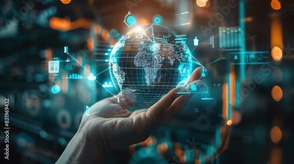 Fototapeta Hand presenting a holographic globe with economic growth charts symbolizing global business trends and data analysis