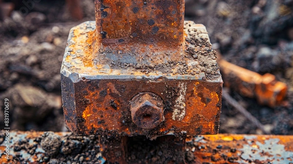 Fototapeta A macro shot of a pile driverâs hammer head, showing the wear and tear from use.