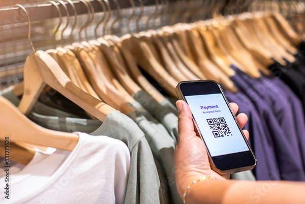 Fototapeta Selective focus to payment QR code tag on smartphone with blurry many clothes in the store to accepted generate digital pay without money.