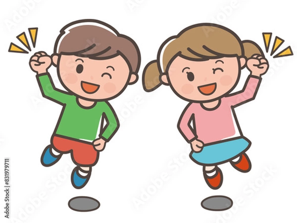 Fototapeta 元気にジャンプをしてガッツポーズする男の子と女の子の全身イラスト（小学生、幼児、子供）