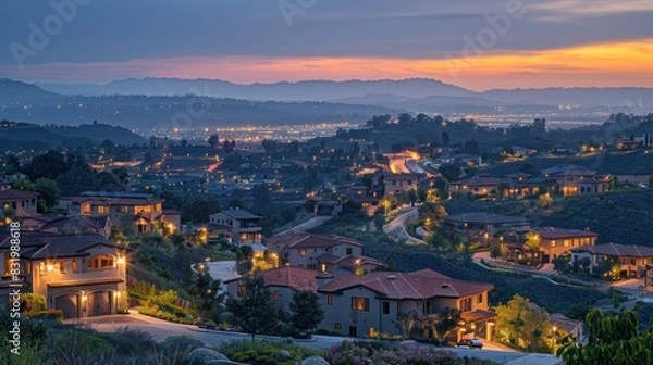 Fototapeta A panoramic view captures the beauty of a neighborhood at dusk, where twinkling lights and welcoming homes promise comfort and security.