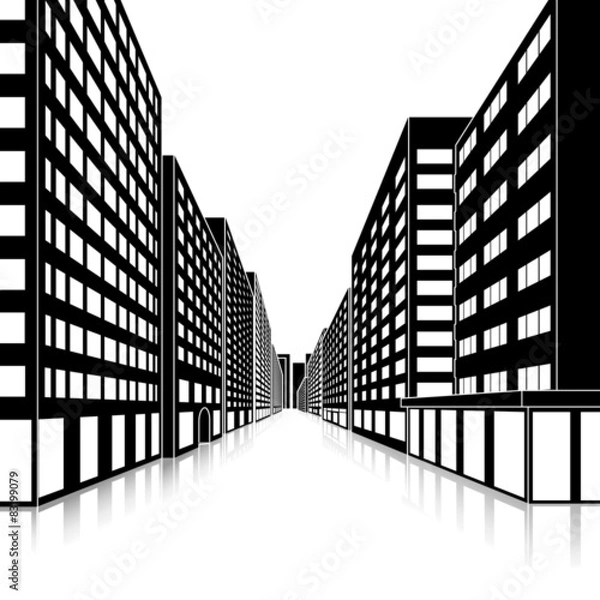 Fototapeta street of the city with large buildings and reflection