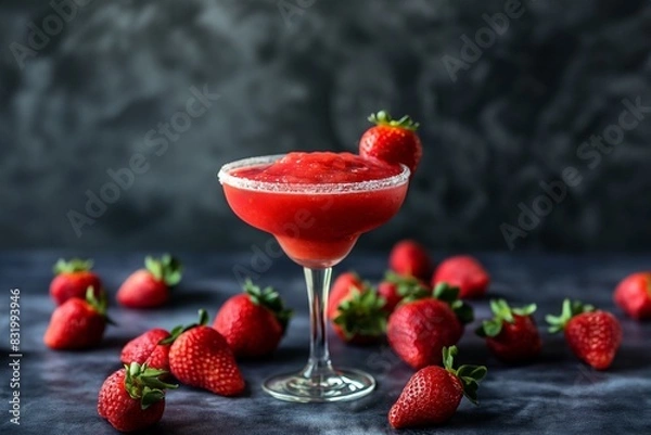 Fototapeta Single strawberry daiquiri with sugar rim, garnished with strawberries on a dark surface background