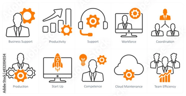 Fototapeta A set of 10 business and office icons as business support, productivity, support