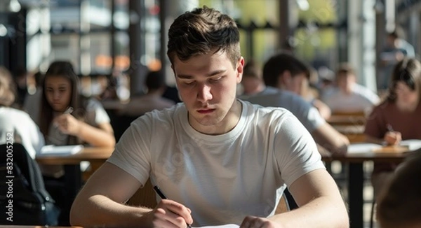 Fototapeta high school or university student holding pencil writing on paper answer sheet taking final exam attending in examination room or classroom