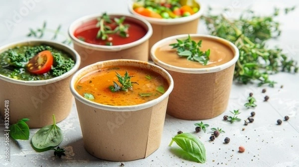 Fototapeta Organic soups in biodegradable paper cups, garnished with fresh herbs, isolated background, studio lighting