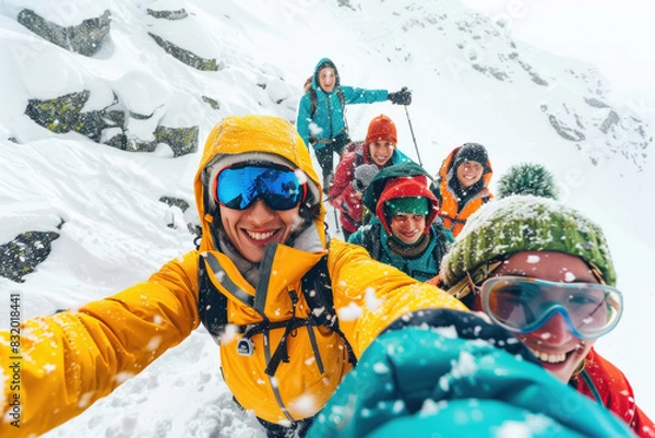 Fototapeta A group of happy and excited young Indian people in colorful snow gear In kashmir climb up the snowy mountain