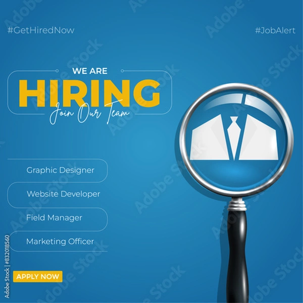 Fototapeta We are hiring job candidate post and flyer template. Join our team and hiring concept. Open vacancy and hiring creative ads and poster vector illustration