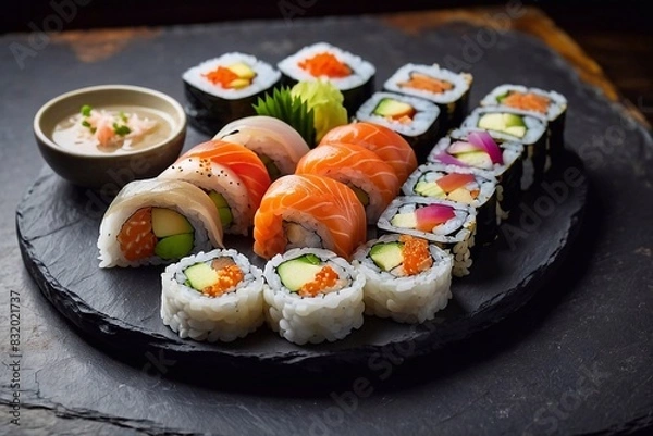Obraz Platter with various types of sushi and rolls  on black .surface. Generative AI