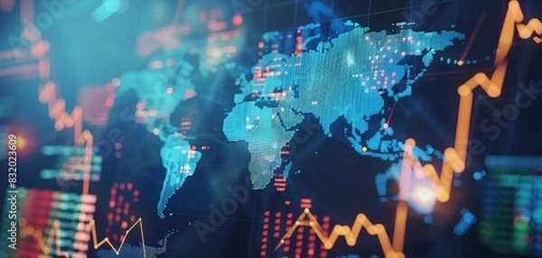 Fototapeta Global markets overview with dynamic financial data overlaying a detailed world map background, highlighting key economic regions