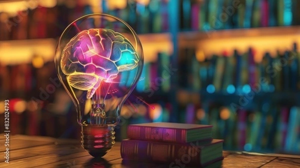 Fototapeta A book with a human brain light bulb on top as a symbol of an idea or invention. Day of Knowledge