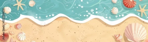 Fototapeta Animated top view of a beach in flat design, featuring shell collecting and other summer discoveries