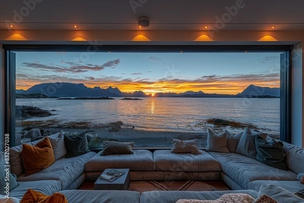 Fototapeta Luxurious living room with panoramic ocean view, plush sofas, and contemporary decor, creating an elegant and serene coastal retreat