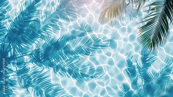 Fototapeta Luxury swimming pool and palm shadow in water top view. Summer tropical background for product placement podium mockup