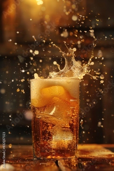 Fototapeta Refreshing Beer Splash in Glass on Dark Background with Bokeh Lights