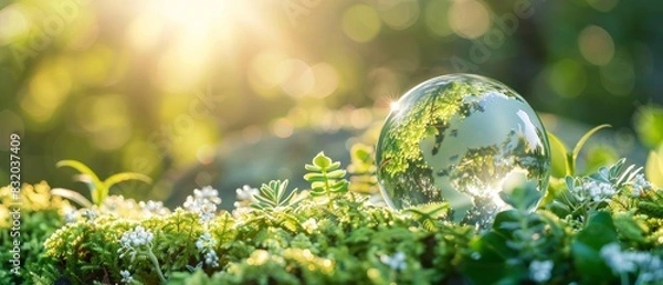 Fototapeta Close-up of a crystal ball resting on vibrant green foliage, reflecting sunlight and nature, symbolizing environmental harmony.