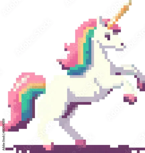 Obraz An adorable 8-bit pixel art unicorn with a colorful rainbow mane, crafted in a classic retro game style, presented as a charming vector icon isolated without background.