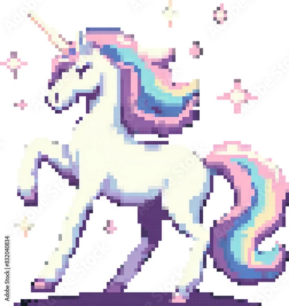 Obraz An adorable 8-bit pixel art unicorn with a colorful rainbow mane, crafted in a classic retro game style, presented as a charming vector icon isolated without background.