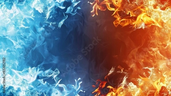 Fototapeta Fiery border of flames contrasts with icy edges, framing a cloud-like rectangle of empty space in the center.