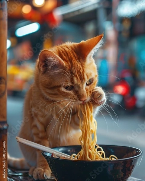 Fototapeta Cute ginger cat eating ramen noodles from ramen bowl