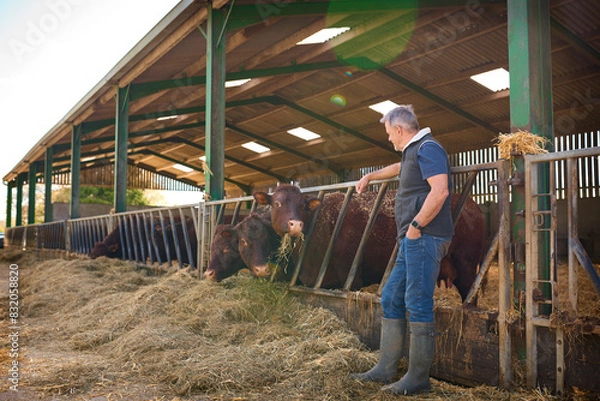 Fototapeta Mature Male Farm Worker Checking On Cattle In Barn At Feeding Time
