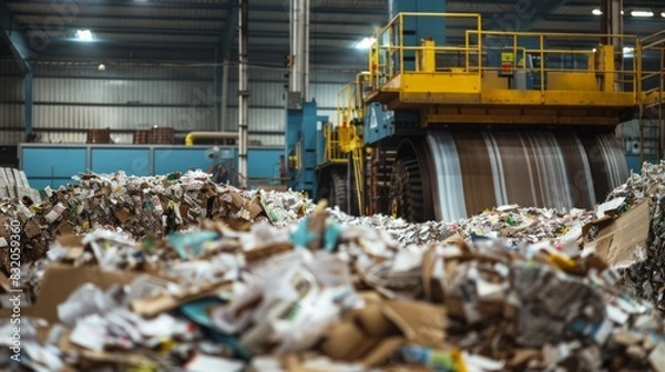 Fototapeta moving conveyor transporter on Modern waste recycling processing plant. Separate and sorting garbage collection. Recycling and storage of waste for further disposal.