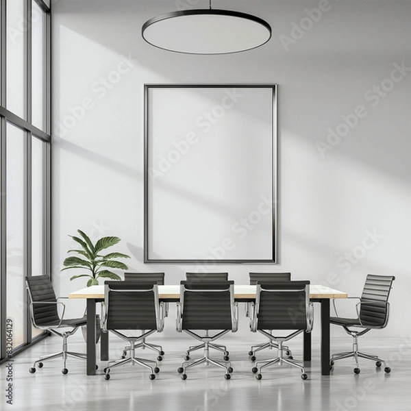 Fototapeta Modern Conference Room with Black Chairs and Large Windows, Bright Light, Minimalist Design, Artistic White Frame with Copy Space, Frame Mockup, Wall Art Mockup