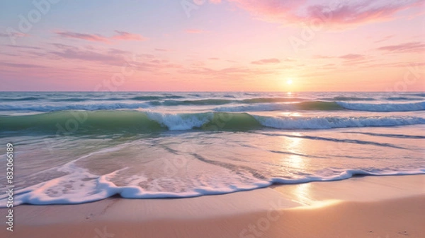 Obraz A serene seascape painting, with gentle waves lapping against a sandy shore under a pastel sky, bringing a sense of calm, Generative AI