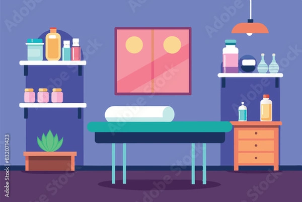 Obraz A beauty salon or spa cabinet. It shows a massage table with a white towel, on the shelf there are various bottles and containers with cosmetics. Under the shelf is a small wooden chair 