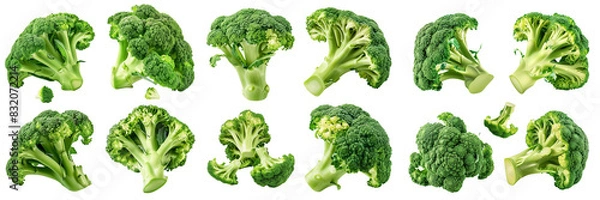 Fototapeta Broccoli isolated. Broccoli on white. Whole, half, slice, cut broccoli set.