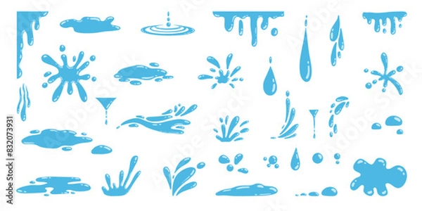 Fototapeta Cartoon blue dripping water drops, splashes, sprays and tears. Liquid flow, wave, stream and puddles. Nature water motion shapes vector set. Illustration of rain water drop, liquid splash