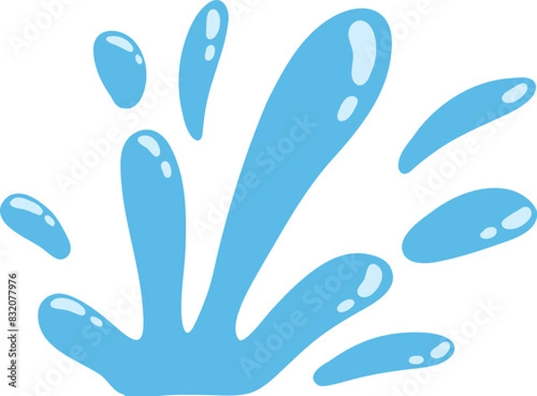 Fototapeta Cartoon blue dripping water drop, splash, spray and tear. Liquid flow, wave, stream and puddle. Nature water motion shape vector. Illustration of rain water drop, liquid splash