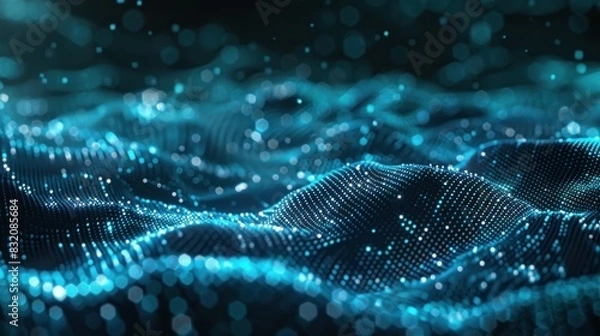 Fototapeta Abstract blue gradient hologram dynamic wave of particles. Digital wallpaper technology background