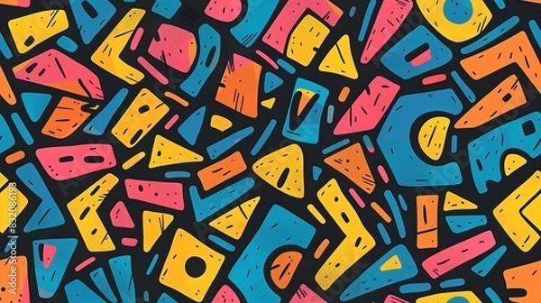 Fototapeta Seamless pattern of abstract hand-drawn geometric shapes in vibrant colors, creating a bold and dynamic design