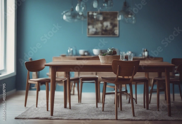 Fototapeta Wooden table and chairs against blue wall Mid-century style interior design of modern dining room