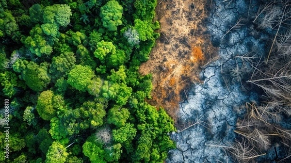 Fototapeta Aerial view of deforestation in a tropical rainforest with patches of bare land and remaining trees, highlighting the impact of climate change on forests