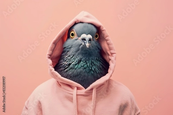 Fototapeta Dove with a elegant pink hoody on a solid studio pink color background with copy space for your text. Cute funny pigeon dressed fashion clothes, hawaiian shirt. Humor, summer concept.