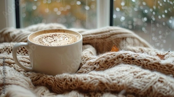 Fototapeta Relaxing coffee break moment with a cappuccino, a warm blanket, and a window view of a rainy day outside, creating a peaceful ambiance