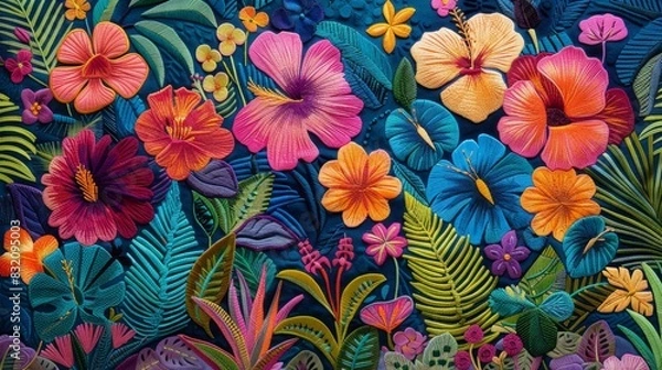 Fototapeta Vibrant Tropical Escape: Exotic Machine Embroidery Artwork Infusing Paradise Vibes